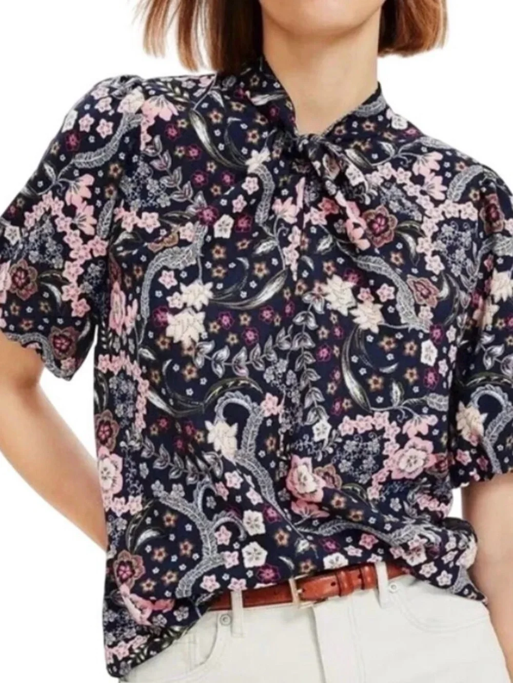LOFT Navy and Pink Floral Tie-Neck Button Down Shirt Puff Sleeve Size XXL